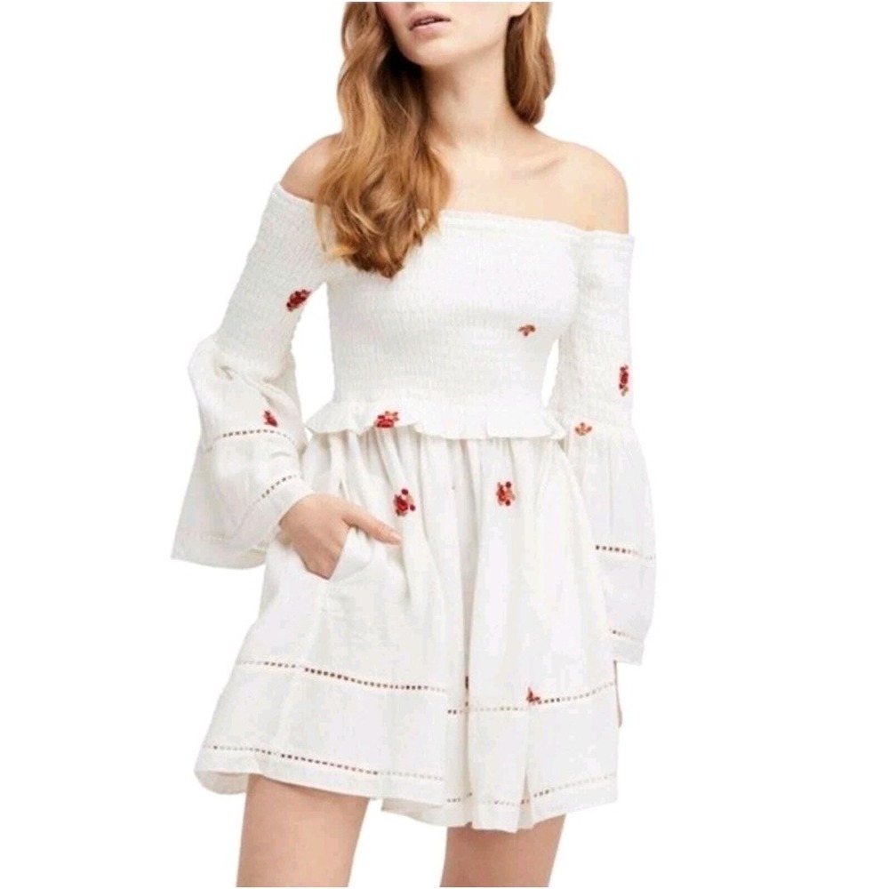 Free People‎ White Counting Daisies Off-The-Shoulder Mini Dress Size M
